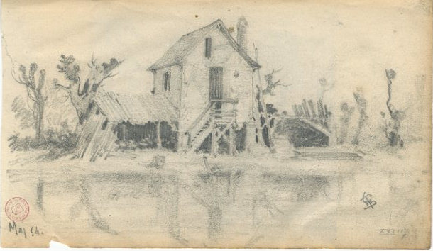 Paysage avec maison au bord de l'eau ; Scène du Moyen Age